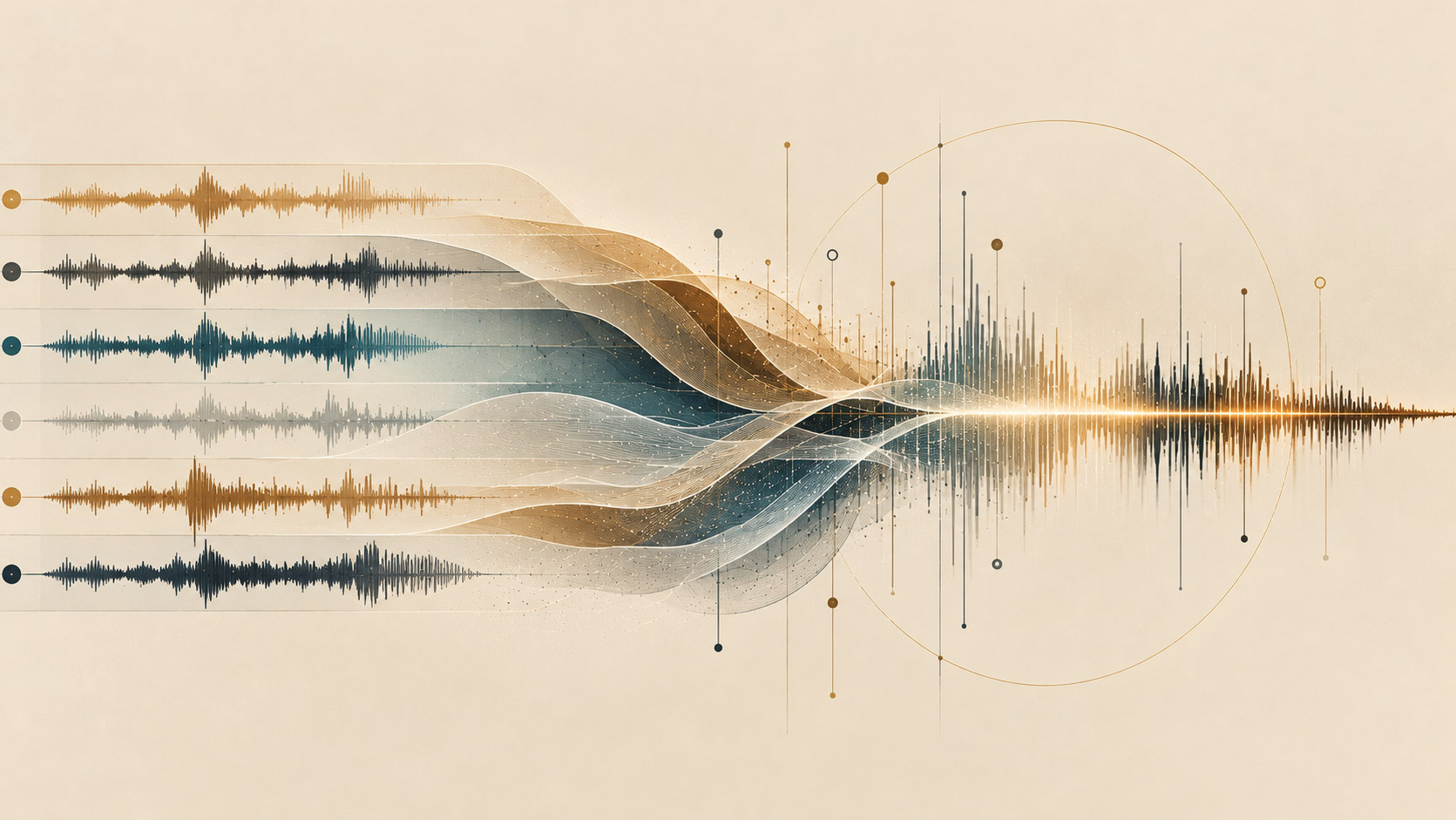 Illustration abstraite représentant plusieurs pistes audio réunies dans un mix